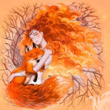 Fuchs und rothaariges Mädchen, das auf Avatar zeichnet