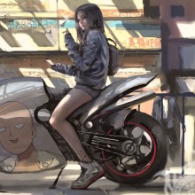Арт с девочкой брюнеткой на мотоцикле