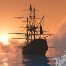 Seerieselschiff mit Masten am Sonnenuntergangfoto