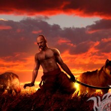 Cossack in a field with wolves at sunset