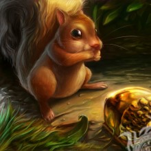 Schöne Zeichnung eines Eichhörnchens mit einer Nuss
