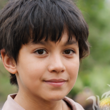 Фотография улыбающегося мальчика брюнета на природе