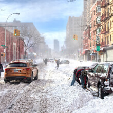 Descargar foto de un coche después de una nevada en la ciudad