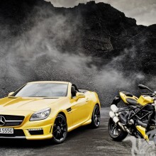 Foto de download de Mercedes de carro e motocicleta amarela para cara