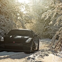 Download free photo of black car in winter forest