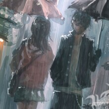 Menschen im Regen, die auf einem Avatar zeichnen