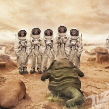 Arte con astronautas en un planeta alienígena en el avatar