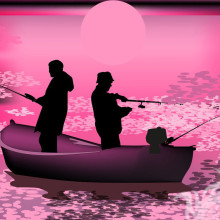 Dois pescadores em um barco no pôr do sol rosa por conta