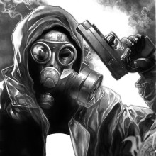 Art in a gas mask with a weapon