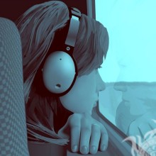 Sad girl in headphones for icon