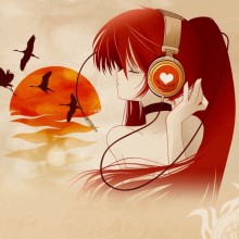 Anime art beautiful with headphones girls