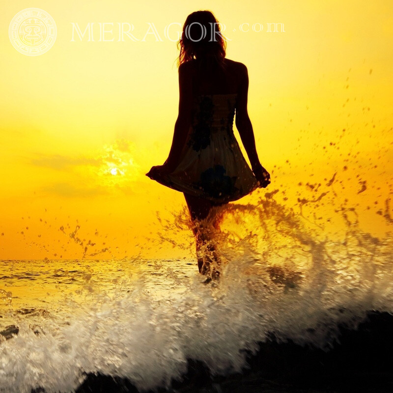 Garota ao pôr do sol no avatar de surf Silhueta