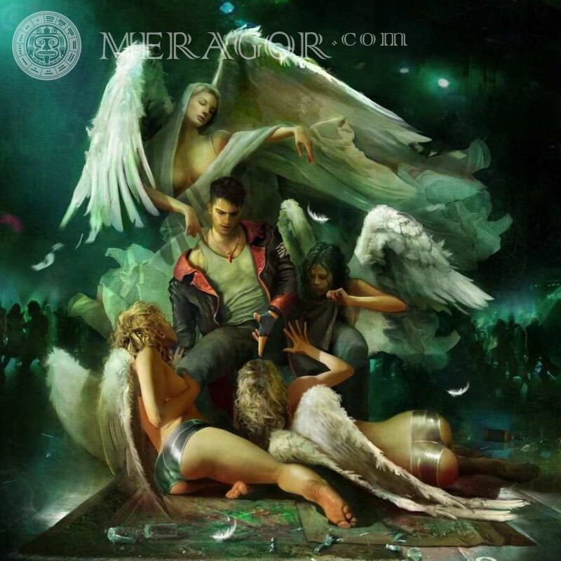 Guy avec des anges de filles s'appuyant sur un avatar Angels Animé, dessin