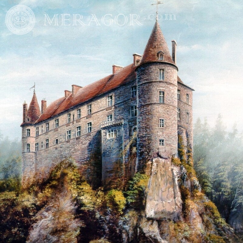 Château médiéval sur la montagne sur votre photo de profil Bâtiments