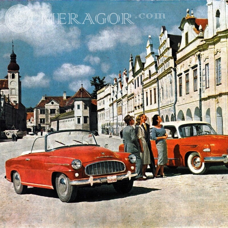 Tourists on the street retro picture for avatar Buildings Cars Anime, figure