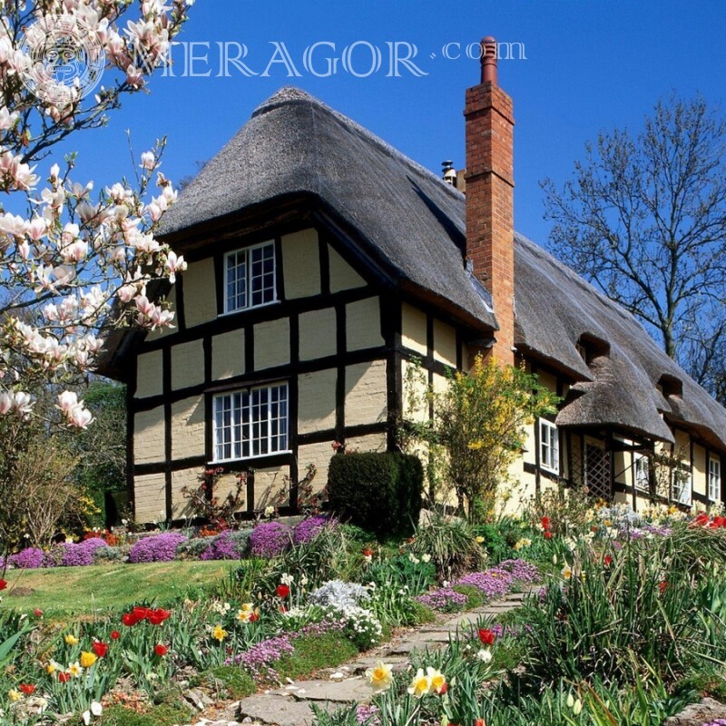 Casa de campo em um avatar de jardim florido Edifícios