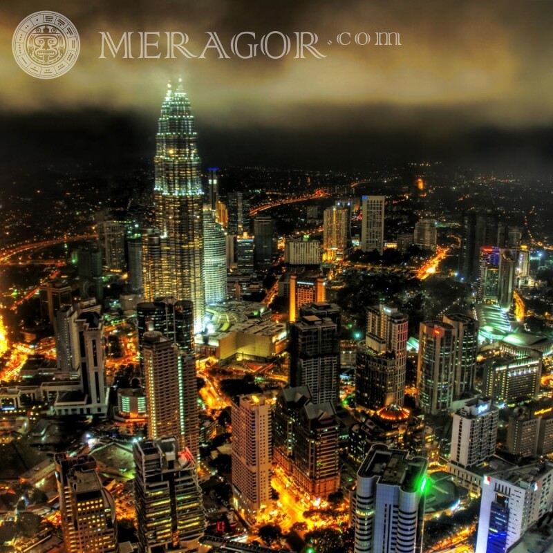 Cidade noturna com avatar de vista aérea dos arranha-céus Edifícios