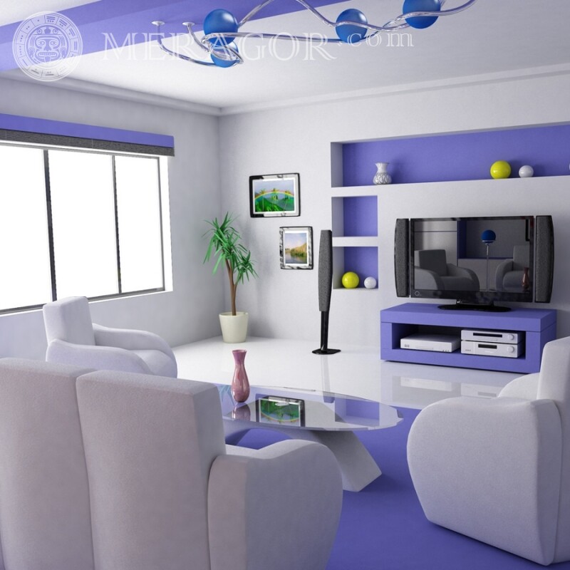 Sala de estar branca e azul no avatar Edifícios