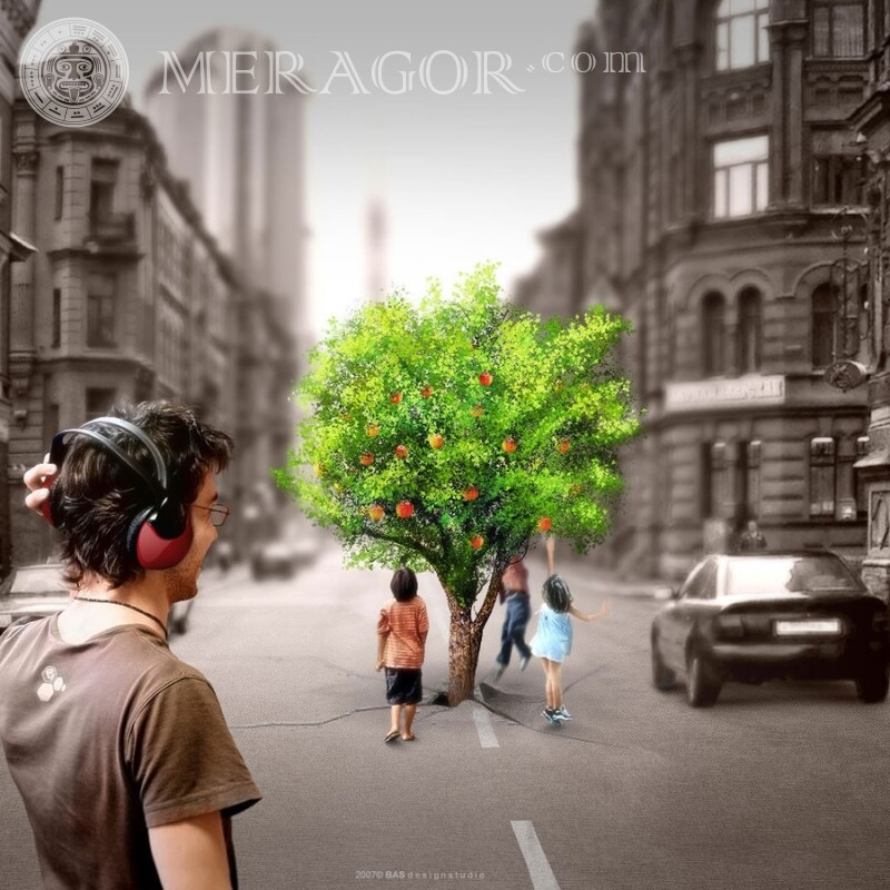 Дерево посреди улицы картинка на аву Аниме, рисунок Природа