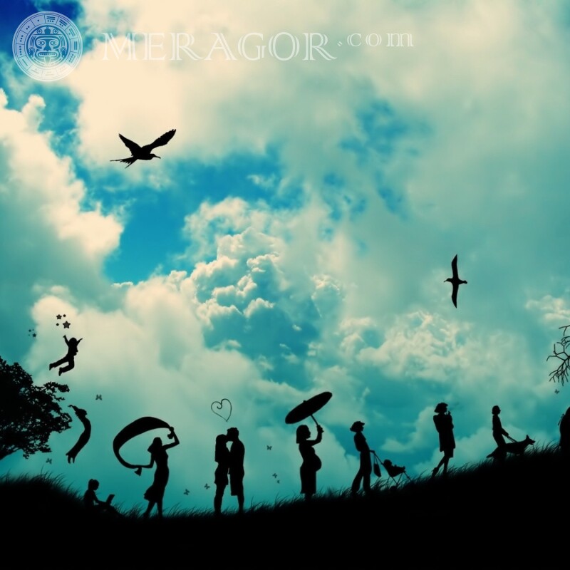 Силуэты людей на фоне неба картинка на аву Силуэт Аниме, рисунок