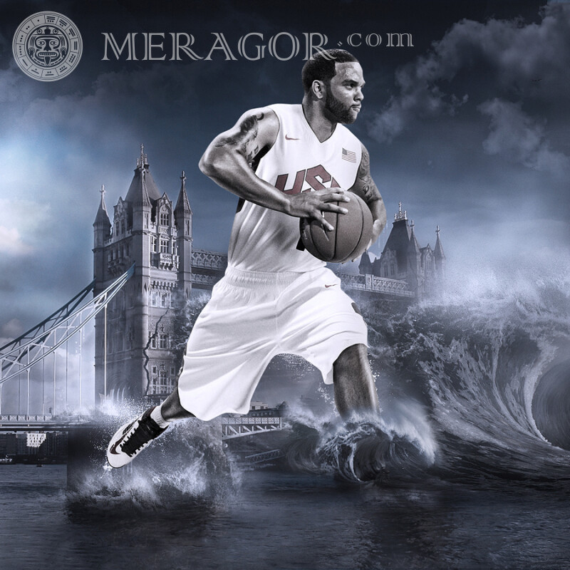 Jogador de basquete negro no fundo da London Bridge na foto do perfil Basquetebol Negros Desporto