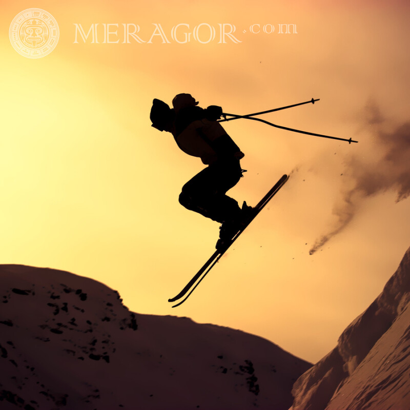 Silhouette of a skier on an avatar Skiing, snowboarding Silhouette Sporty