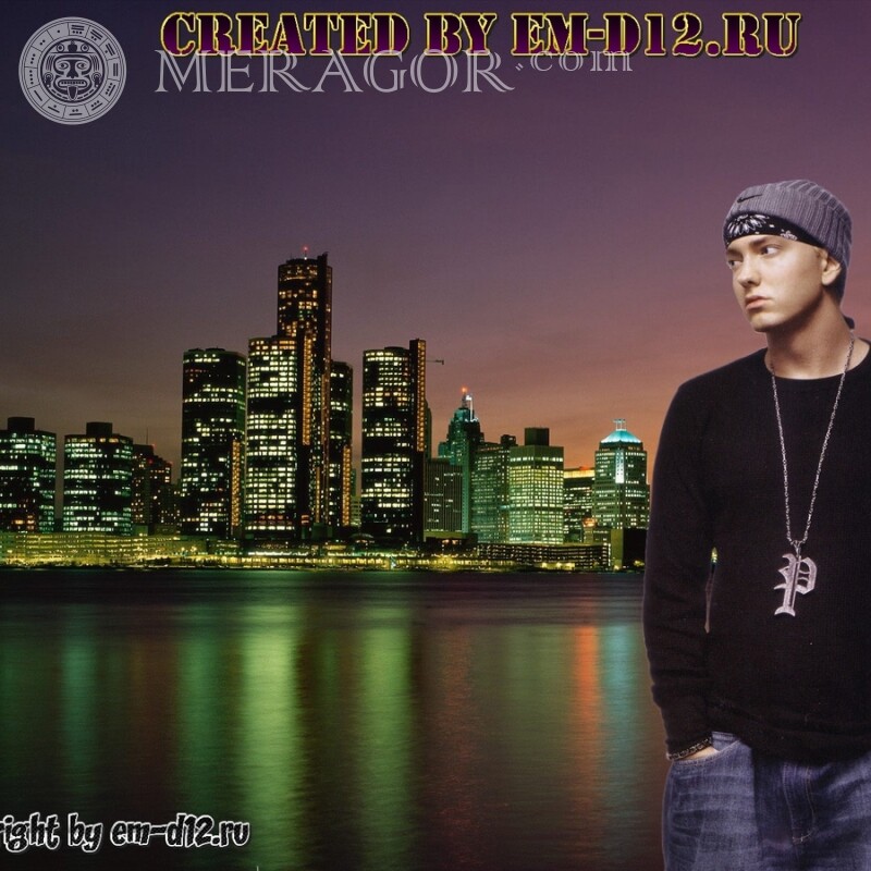 Eminem auf dem Hintergrund des Stadtbildes auf dem Avatar Musiker, Tänzer Junge Prominente