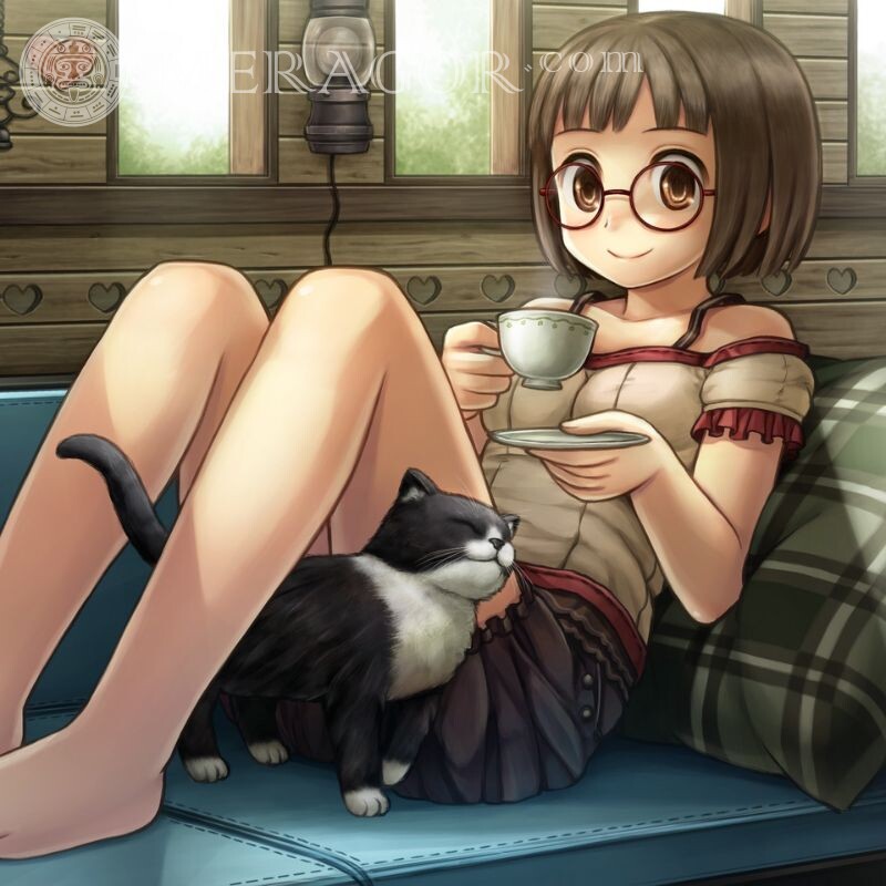 Красивый аниме арт для аватара девушке Аниме, рисунок В очках Девочки