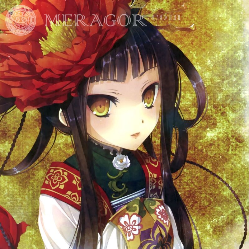 Garota avatar de anime com flor Anime, desenho Cores
