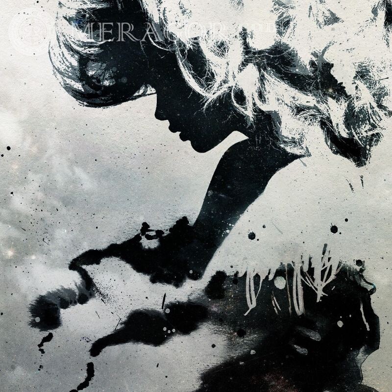 Нарисованная девушка на аву без лица Черно-белые Абстракции Аниме, рисунок Без лица