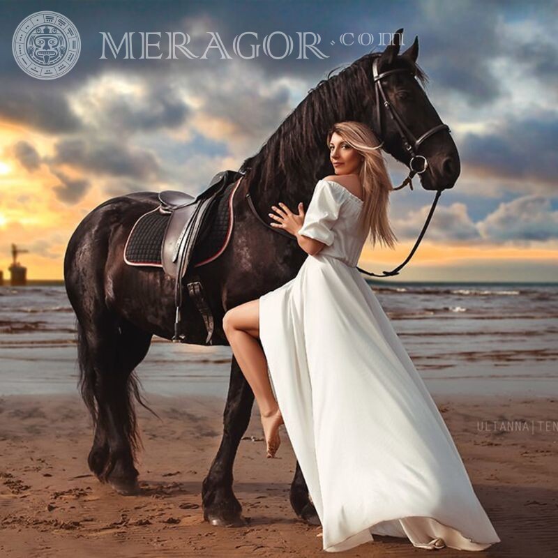 Girl and horse photo shoot for icon In dress Blondes Full height