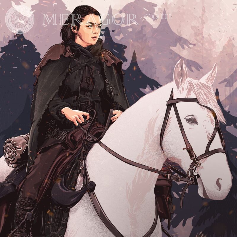 Arya Stark zu Pferd Pferde Anime, Zeichnung Bruenette Maedchen