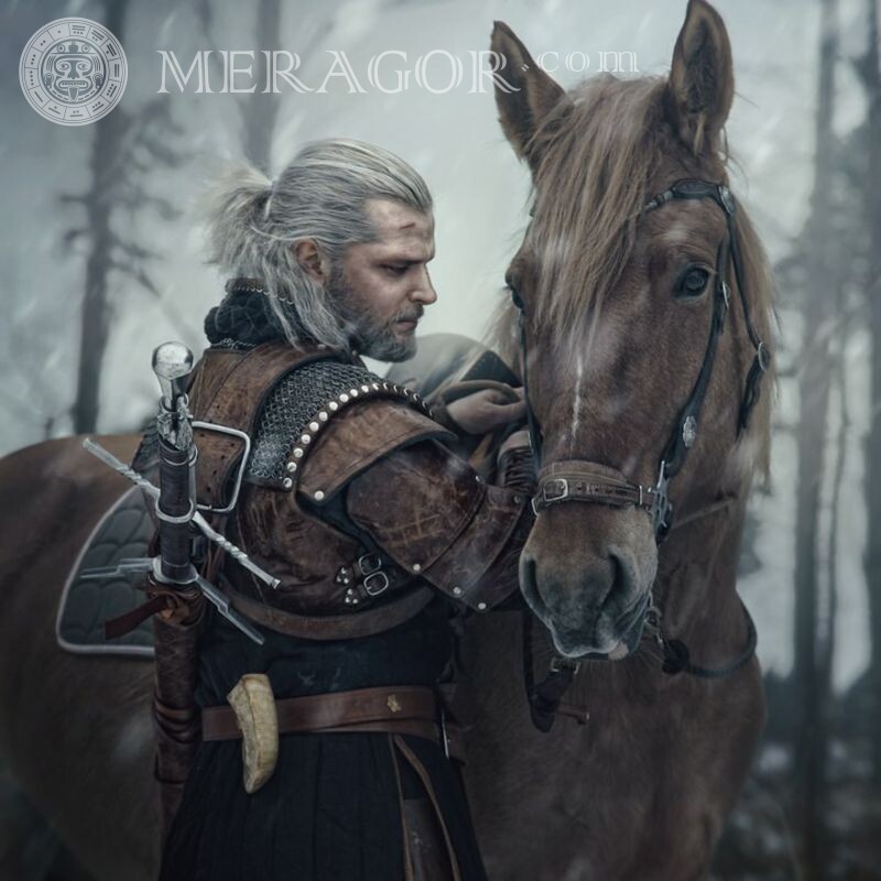 Witcher no avatar Cavalo Todos os jogos Com arma