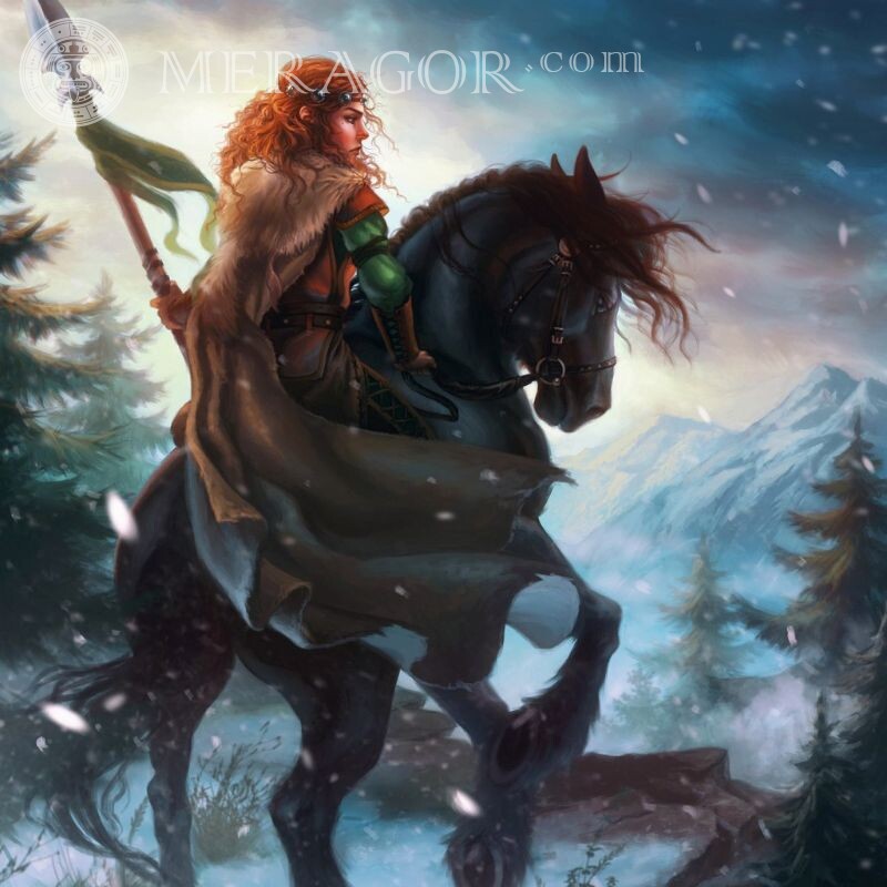 Рыжая девушка на коне аватарка С оружием Аниме, рисунок Девушки Лошади