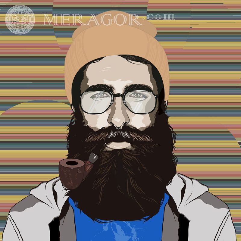 Картинка для аватара мужчина с бородой Аниме, рисунок В шапке В очках
