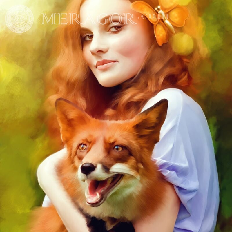Redhead girl with a fox for icon Girls Women Foxes