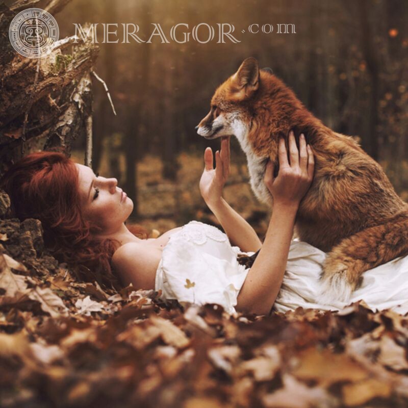 Download image girl with a fox Foxes Girls Autumn