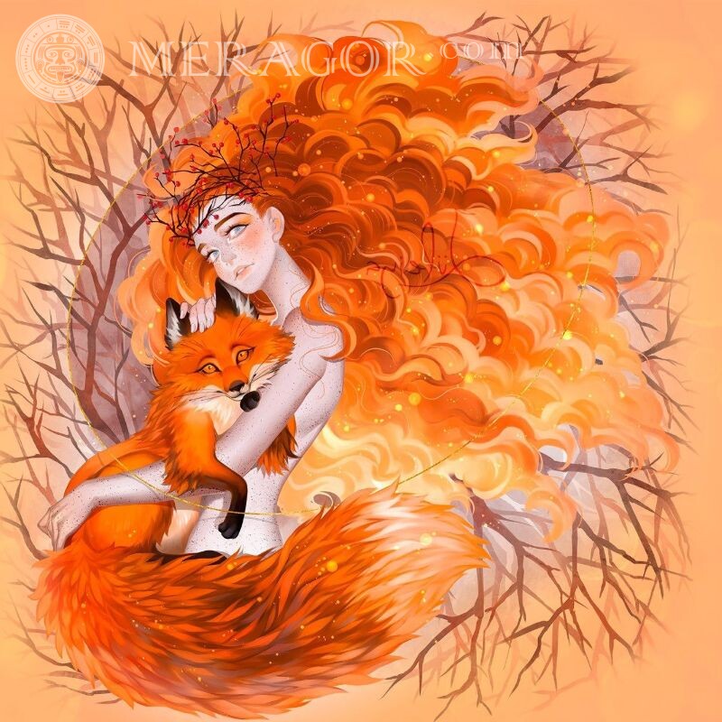 Лисиця і руда дівчина малюнок на аву Аніме, малюнок Дівчата Лисиця