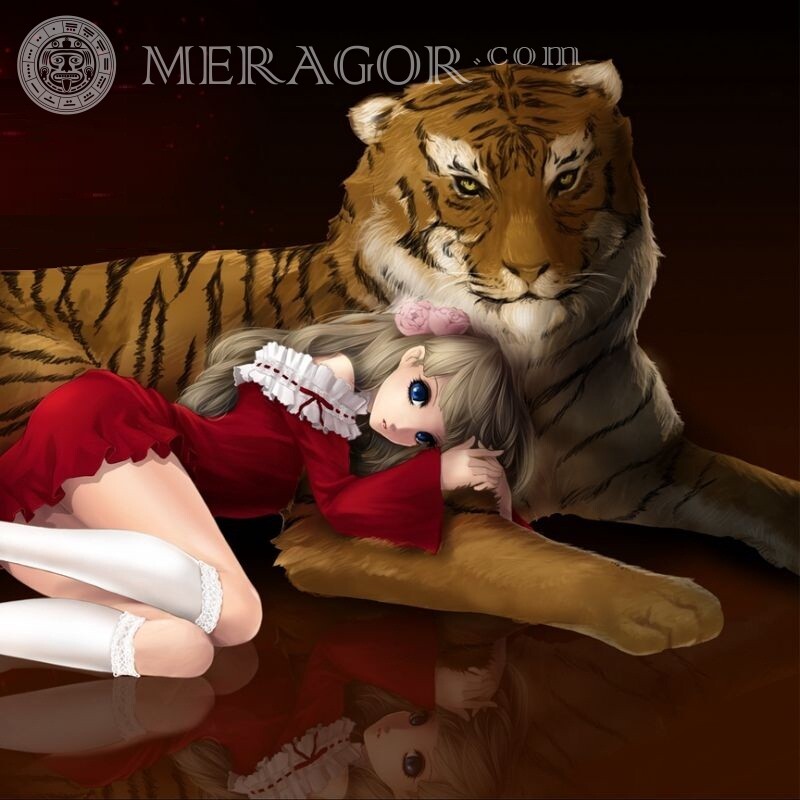 Anime picture girl and tiger Tigers