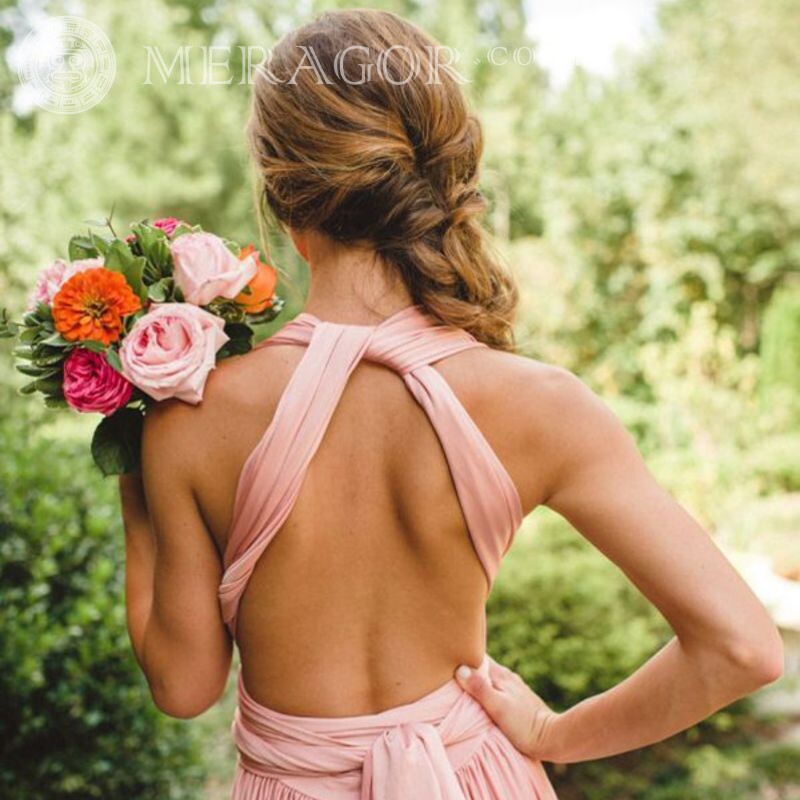 Photo from back of a girl with flowers From back Flowers