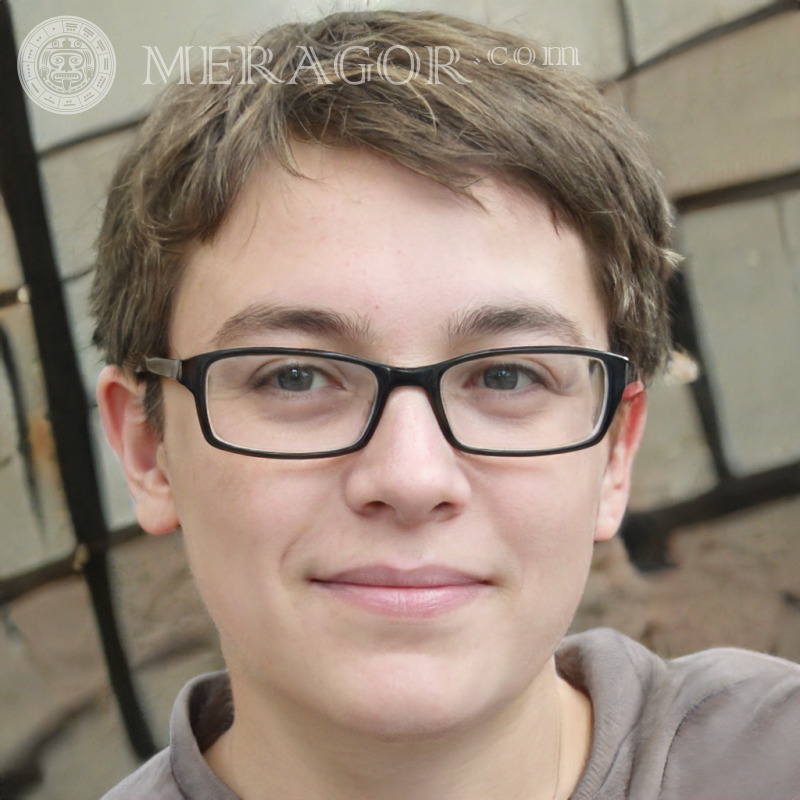 Falsches Gesicht eines lächelnden Jungen mit Chat-Brille Gesichter von Jungen Europäer Russen Ukrainer