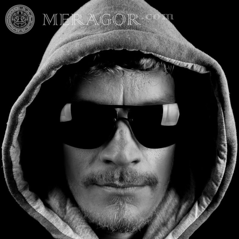 A man in black glasses for icon Black and white Hooded In glasses Faces, portraits
