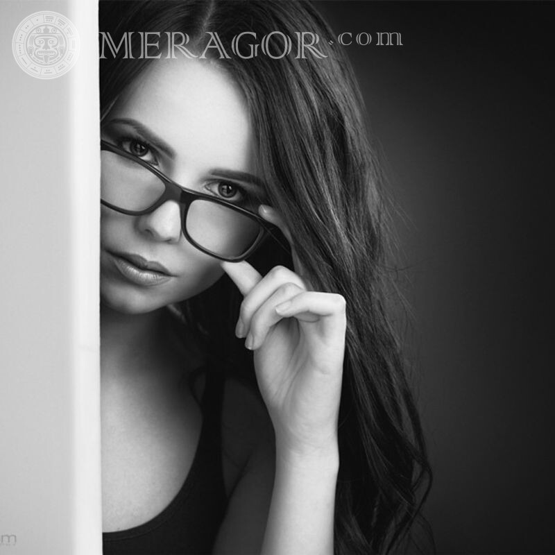 Black and white avatar with a girl in glasses In glasses Brunettes Girls