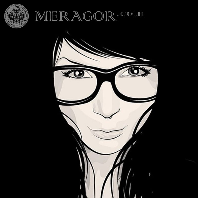 ЧБ аватарка с девушкой в очках Черно-белые Аниме, рисунок В очках Девушки