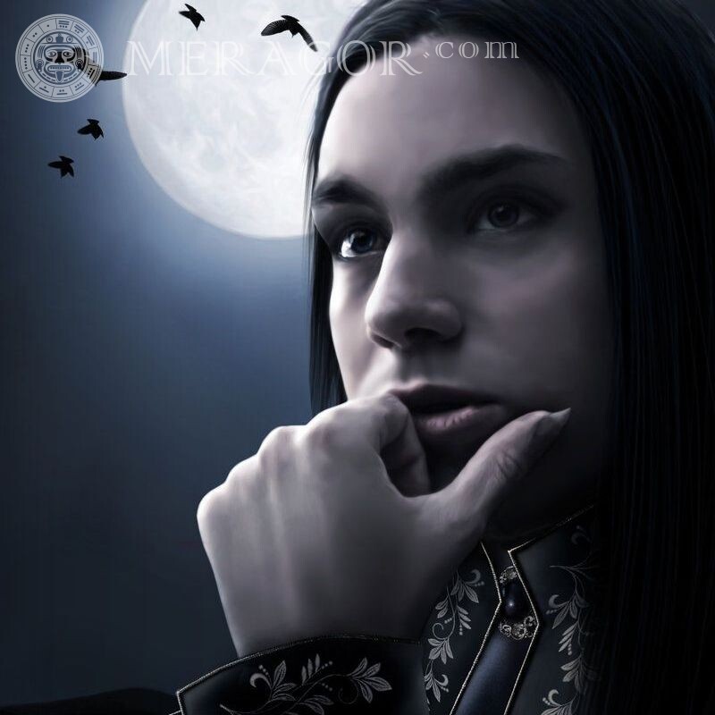 Retrato de vampiro masculino no fundo da lua Vampiros