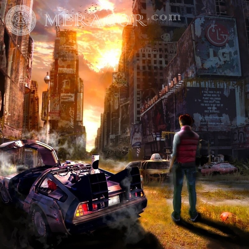 Art fantasy city of the future avatar for a guy Guys Cars Anime, figure Buildings