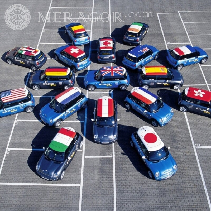 Cars with country flags on the roof top view download Cars Transport