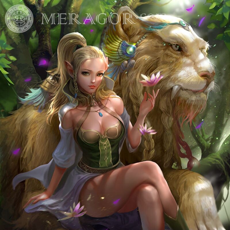 Эльфийская девушка и лев картинка на аву Аниме, рисунок Львы Эльфы