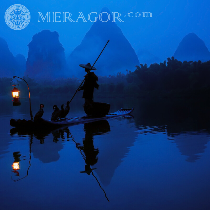 Raft on the river silhouette of a fisherman on an avatar Silhouette
