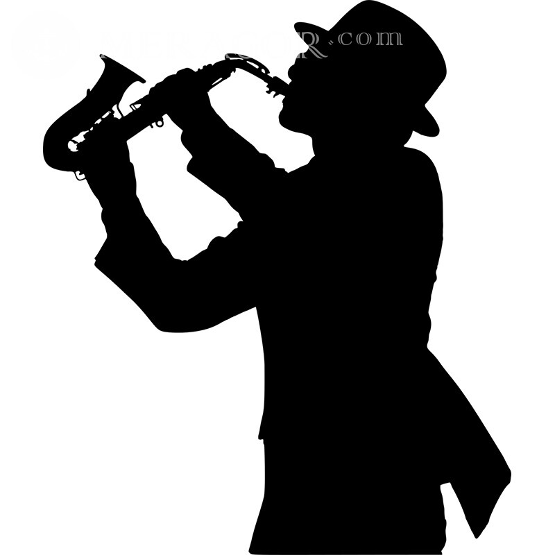 Саксофонист играет блюз картинка  В шапке Силуэт Черно-белые